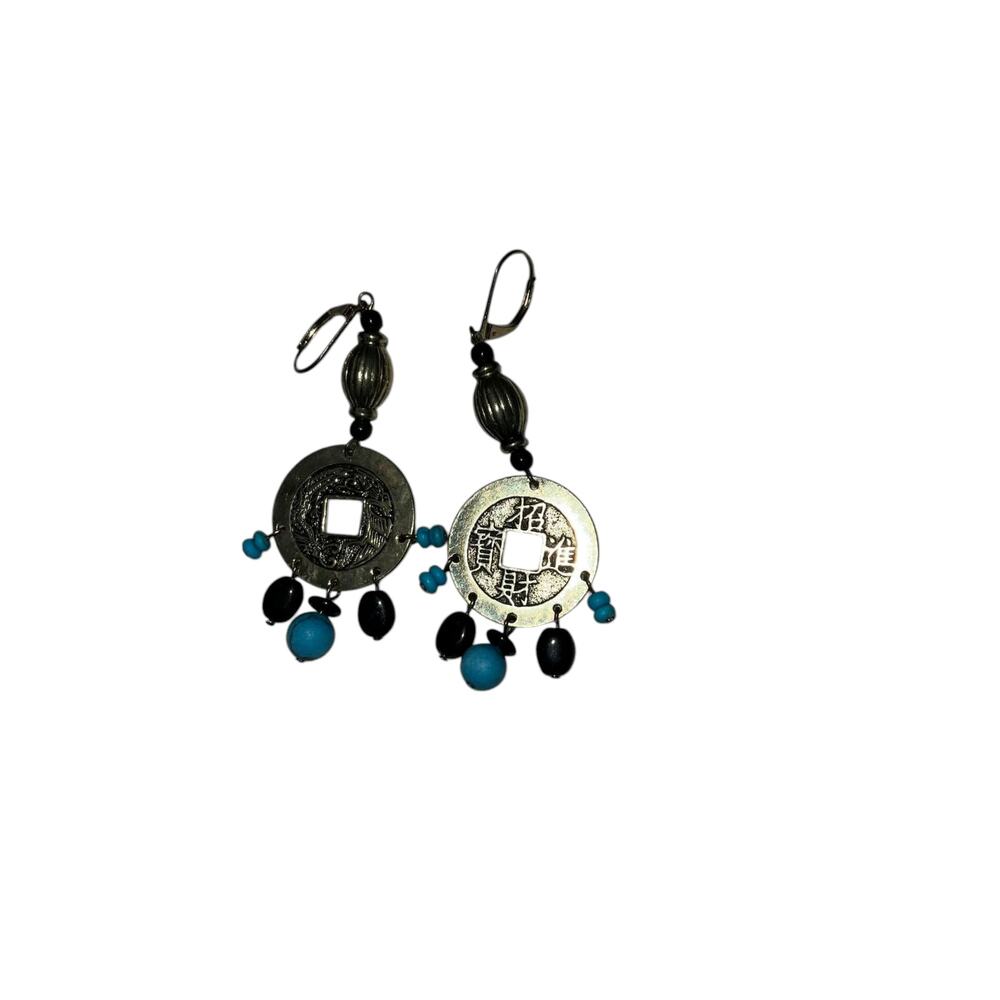 Iris Apfel & Bajalia Asian Onyx Coin Drop Earrings Black Green Beads Boho Chic